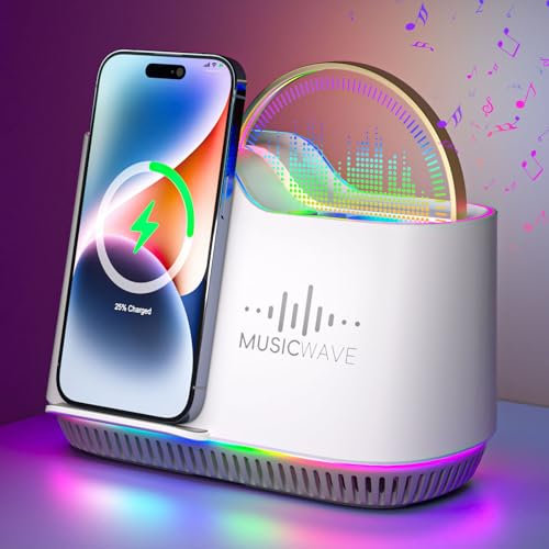 Bluetooth Lautsprecher mit Nachtlicht und Wireless Charger, Touch Dimmbar Nachttischlampe mit Gibt 5 RGB Lichtmodi, Musikbox und Induktive Ladestation, Männer, Frauen, Jung und Alt