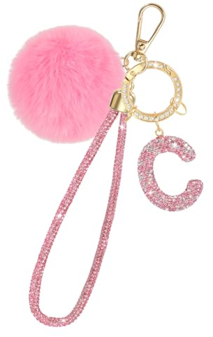 MWOOT Porte-clés avec initiale en cristal , Porte-clés en strass pour la décoration de sac à main, sac à dos ou pochette, Porte-clés personnalisé avec initiale C, Rose