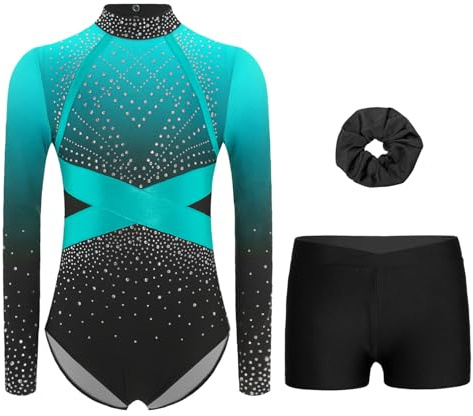 ranrann Enfant Fille Ensemble Justaucorps et Short Tenue Gymnastique Patinage Artistique Danse Costume Spectacle 3-16 Ans B Bleu clair 7-8 ans