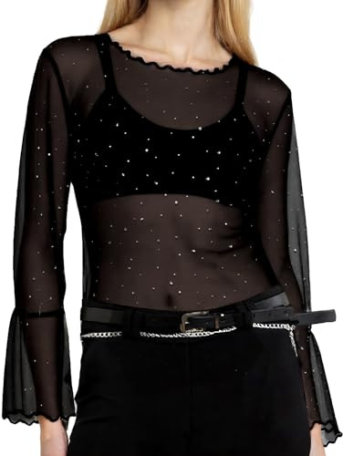 Nilioyul Hauts en maille transparente pour femme - Hauts transparents - Sexy - Noir - Paillettes - Haut à manches longues - Chemisier noir transparent, Noir , L