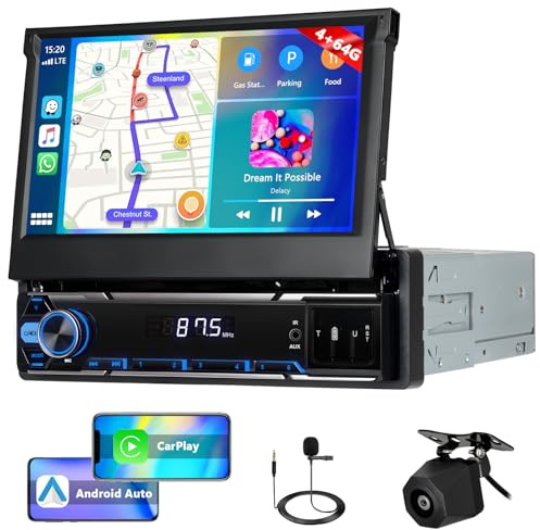 Motorsi 4GB+64GB CarPlay Autoradio 1 Din Bluetooth, Android Auto Stereo 1 Din con Schermo a Scomparsa 7 Pollici Touchscreen con GPS, WiFi, Bluetooth, Mirrorlink, FM/RDS Radio+ Telecamera Posteriore