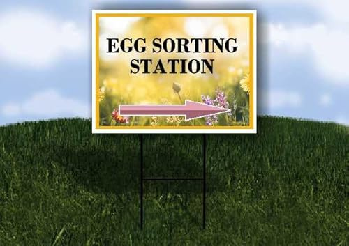 Egg Sorting Station Spring Flowers Yellow Field Right Arrow Single Sided 18x24 in. Yard Road Sign w/Stand