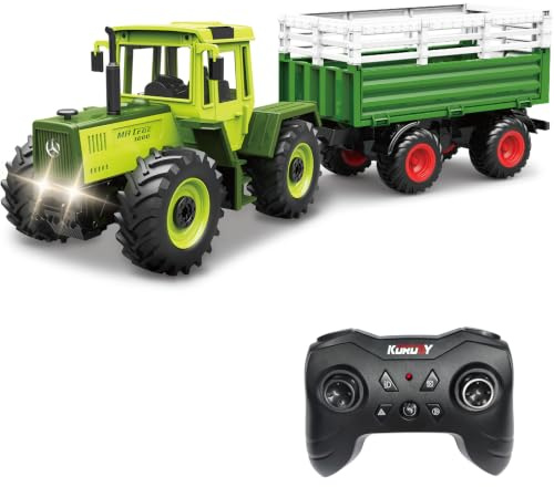 Bonikita Remote Control Tractor toy with Trailer, Automatic Lifting Function, LED Lights & 2 Rechargeable Batteries, Toy for Kids Aged 3+