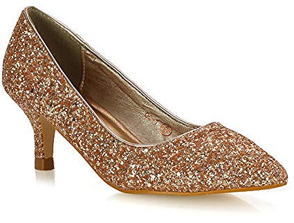 Womens Low Heel Pointed Toe Court Shoes Ladies Slip On Glitter Bridal Party Kitten Heel Pumps 3-8