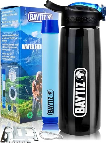 baytiz ® Water Filter Bottle + Purifier Straw - Cartridge With Charcoal Activated Reusable for Travel - Purification Filters for Traveling and Hydration Filtration Jugs Tablets Litre Filtered Jug Life