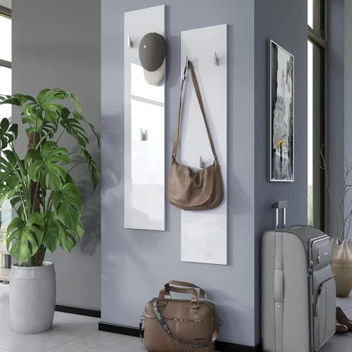Furneo White High Gloss Coat Rack Set of 2 Wall Panel Hallway Hanger Corido01
