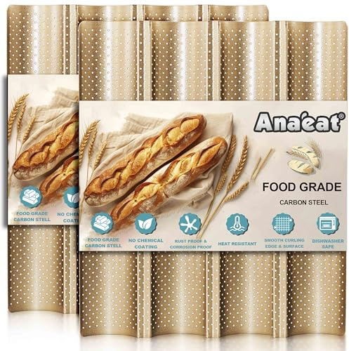 Anaeat 2 Pack Nonstick Perforated French Bread Baking Pan, 15X 13 Premium Toast Mold for 4 Loaves Baguettes, French & Italian Bread Trays for Baking Loaf Bread, Ventilation & Heat Resistant (Gloden)