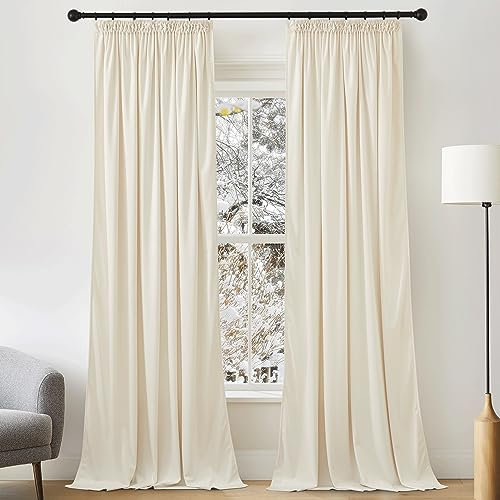 PONY DANCE Samtvorhang Kräuselband Gardinen Samt Creme Thermovorhang gegen Kälte Velvet Curtains for Living Room Extra Lange Gardinen und Vorhänge Samt 2er Set H 280 x B 132 cm (Gewicht: 300g/m²)