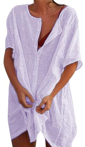 RITOSTA Camisas Mujer Largos Vestido Playa Verano Camisa Suelta de Bikini Cover Up Traje de Playa para Mujer Vestido de Playa Casual Blusa Camisolas Playeras Suelto Pareos Color Sólido (Morado,M)