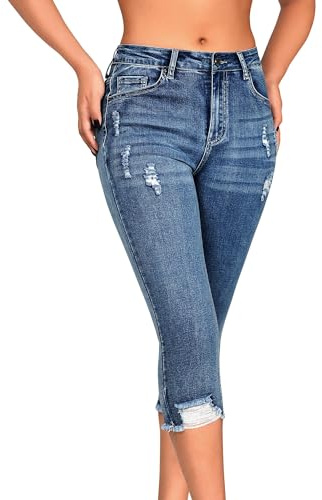 roswear Women's Capri Pants Mid Rise Skinny Ripped Stretchy Cropped Distressed Jeans Light Blue Medium