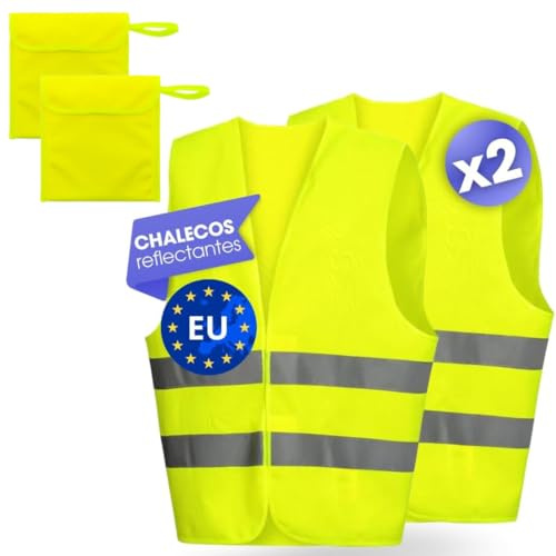 Pack de 2 Chalecos Reflectantes Homologados + 2 Bolsas | Talla Única L | Chaleco Coche y Moto Homologado DGT | Chaleco Reflectante Homologado | Chalecos Reflectantes Seguridad | Chaleco de Trabajo