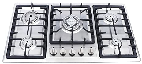 Mesa de cocina de gas empotrable de acero inoxidable 5 fuegos, mesa de cocción a gas, gas natural, Inox, apta para la cocina doméstica o comercial en casas o restaurantes.