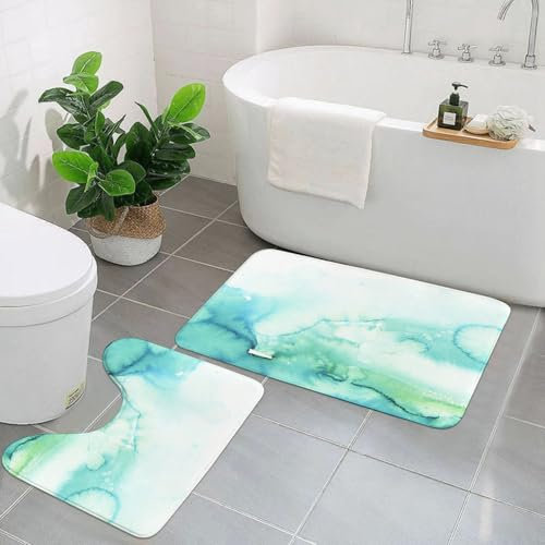 EYLOZS Badezimmerteppich Set 2 Teilig Waschbar rutschfeste Badematte Toilettenmatte Weich Saugfähige Badteppiche,Blaugrünes Aquarell, Türkis-Mint-Ombre-Handblaues Farbverlaufswasser