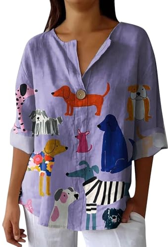 Hrjxfpt Linen Tops for Women UK Plus Size 22-24 Size 16 Sequin Wedding Clothes Sale Clearance Ladies' Fashion Printed Single Button Long Sleeve Top (01-D-Purple, XXXL)