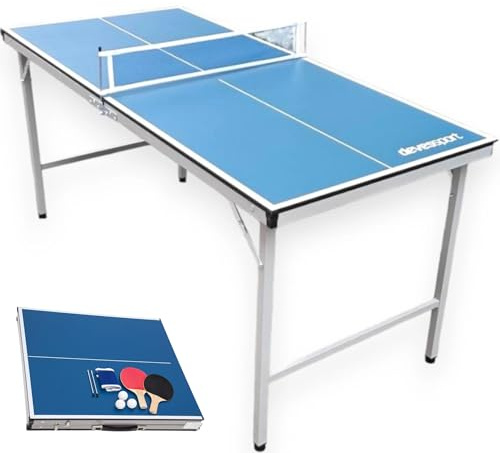 DEVESSPORT Pack Min Tavolo Ping Pong per Bambini 150 x 67 x 69 cm | Mini tavolo pieghevole per interni ed esterni | Include 2 racchette, 3 palline e rete