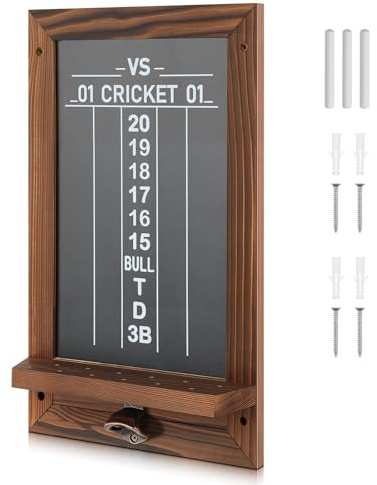 VioraWhite Dart Scoreboard for Cricket and 01 Darts Games Darts Holder Wall Mount Wood Dartboard Accessories(Charcoal Brown Trim,Bottle Opener Included)