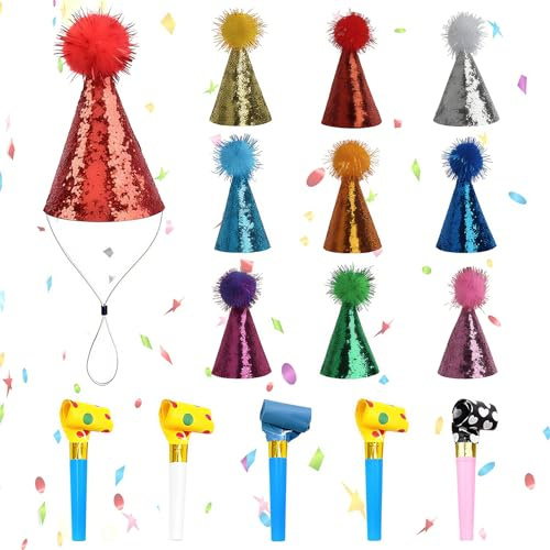 TMZELOA 10 stycken partyhattar för gosedjur 5 visselpipor justerbar blixthatt mini festhattar födelsedagshatt för husdjur Happy Birthday-hatt dekorationer färgglada partyhattar för barn och vuxna