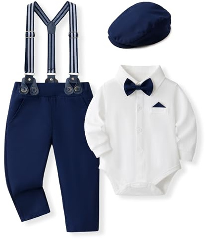 Volunboy Baby Boys Gentleman Suit, Formal Bow Tie Romper + Suspenders Pants + Beret Hat 5PCS Outfit(Tag Size 80,12-18 Months,White Navy