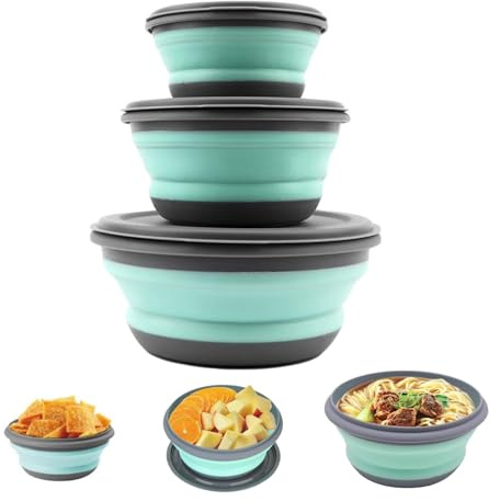 Set di 3 ciotole pieghevoli con coperchio, 300 ml, 650 ml, in silicone, 900 ml, per campeggio, picnic e viaggi (verde)
