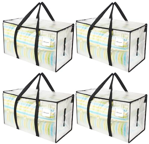 Pack de 4 Bolsas de Mudanza,90L Bolsas de Almacenamiento, Bolsas Mudanza Ropa, Transparente Almacenamiento de Ropa Grande, Bolsa de Viaje con Bolsillo para Etiqueta, Bolsa de Mudanza con Asa para Gua