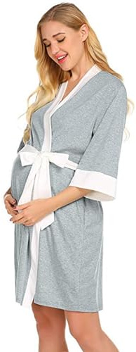 Generisch Peignoir de maternité court et doux pour femme enceinte - Avec ceinture - Chemise de nuit d'allaitement - Chemise de nuit pour l'allaitement - Vêtement de nuit