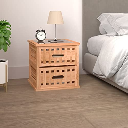 QZZCED Mesita de Noche Madera Maciza de Nogal Mesita de Noche de Madera con Cajones y Superficie de Vidrio para Dormitorio 34x34x34 cm