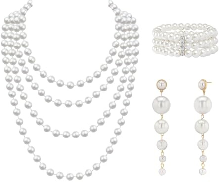 GXAHSOL 3 piezas Juego de Joyas de Perlas para Mujer, Perlas de Imitación Vintage, Aretes Largos Colgantes, Pulsera Elástica de 3 Filas, Collar de Perla, Accesorios para Bodas, Festivales