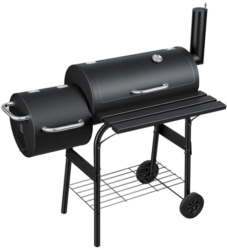 Monucep Barbecue a carbonella con 2 camere, carrello per barbecue con termometro, affumicatore per grigliare e affumicare indirettamente, barbecue da giardino con ripiani, nero