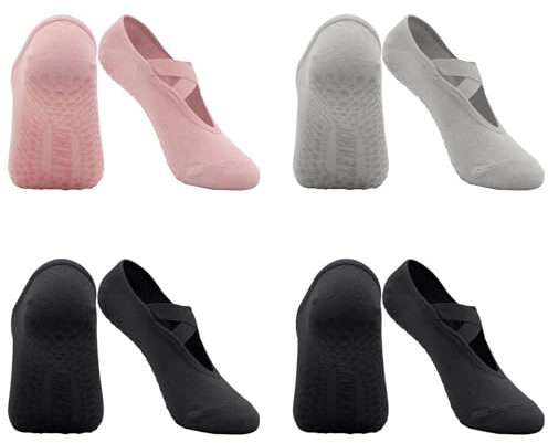 Soleeya 4 Paires Yoga Chaussettes Pilates Femme Coton Chaussettes Antidérapantes Femme Respirant Sangles Croisées 36-39 pour Yoga Pilates Ballet Fitness