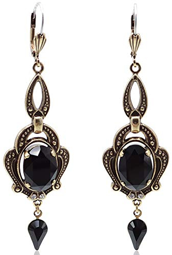 Jugendstil Ohrringe Gold Schwarz mit Markenkristallen Chandelier Ohrhänger NOBEL SCHMUCK