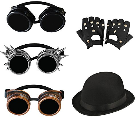 I LOVE FANCY DRESS Accessoires Style Steampunk avec Un Chapeau Melon + Une Paire de Lunettes Noires + Une Paire de Gants pour Adulte. Idéal pour Les enterrements de Vie de garçon ou de Jeune Fille.