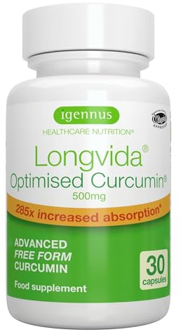 Longvida Curcumin Curcumina Ottimizzata 500 mg, 285x più biodisponibile senza pepe e piperina, 30 capsula
