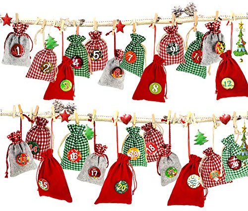 Adventskalender zum Befüllen, Weihnachtskalender Stoffsäckchen zum Selberfüllen, 24 Geschenksäckchen Kette zum selber befüllbar und Aufhängen