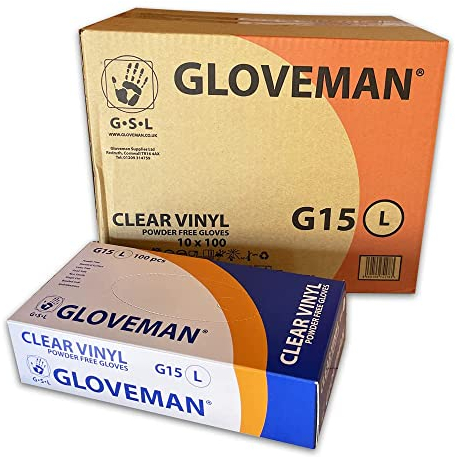 GLOVEMAN 1 Case (1,000 Gloves) Clear Vinyl Powder Free Gloves - Sizes Extra Small to Extra Large (Large)
