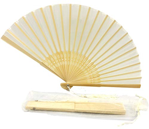 FANSOF.FANS Silk Fabric Fan with a Tassel Grade A Bamboo Ribs Wedding Party Favour Handheld Fan (Ivory Beige)