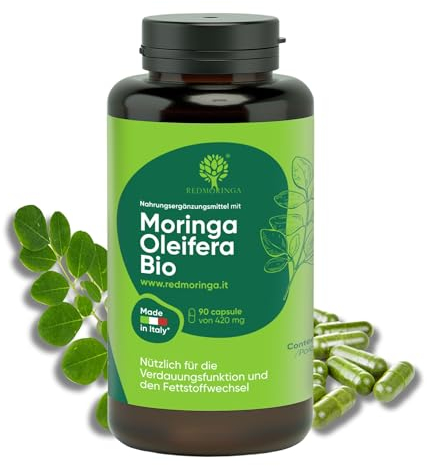 RedMoringa 100% Bio Moringa Kapseln Hochdosiert - 90 Vegane Moringa Kapseln für 2 Monate Vorrat - Unterstützt den Stoffwechsel, Entzündungshemmung - Superfood Hergestellt in Italien