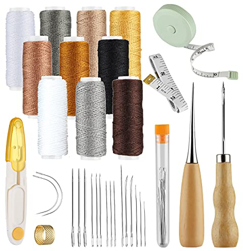 Juego de 32 herramientas de piel para coser cuero, agujas de cuero, agujas de piel, hilo de cera, punzón de costura, agujas y cinta métrica, herramientas para artesanía