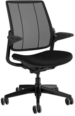 Humanscale Diffrient Smart Home Office Desk Chair, Adjustable Duron Arms, Black Frame, and Fourtis Seat Fabric with Hard Floor Casters