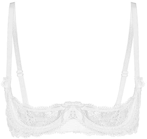 Fldy Women's Half Cup Bra Sexy Lingerie Transparent Balconette Floral Mesh See Through Lace Bra Top White XXL