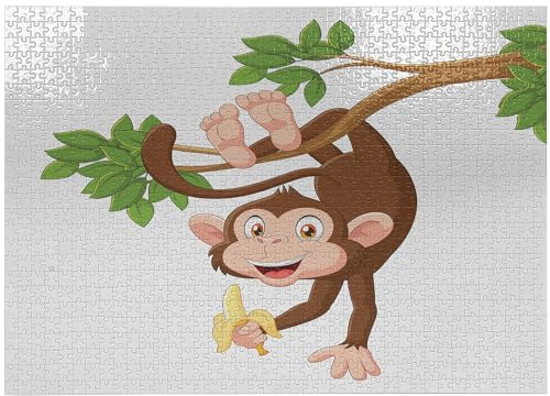 ABAKUHAUS Cartoon Jigsaw Puzzle, Funny Monkey Hanging from Tree and Holding Banana Jungle Animals Theme Print, Heirloom-Quality Fun Activity for Family Durable Cardboard, 1000 pcs, Chocolate White