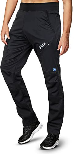 FDX Men's Cycling Trousers Windproof Thermal Mountain Bike Pants Outdoor Sport Hiking Trousers with Zip Pockets for Camping Skiing Climbing MTB and Running (Black-L)