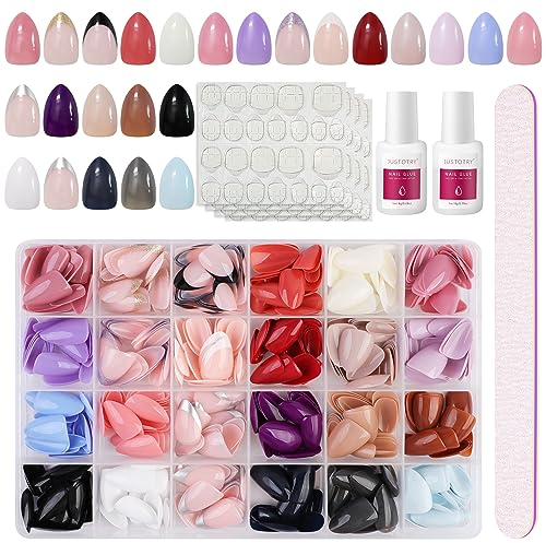 JUSTOTRY 24 Packs (576 Pcs) Mandel Nägel Zum Aufkleben Kurz,French Press on Nails Set,Glossy Kunstnägel Fake Nails mit Nagelfeile,Oval Fingernägel Künstliche Nägel für Frauen