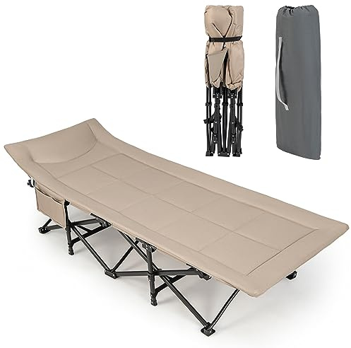 COSTWAY Folding Camping Bed for Adults, Extra Wide Portable Sleeping Cot with Headrest, Side Pocket & Carry Bag, Heavy Duty Lounger Camp Bed for Travel Beach Office, Weight Capacity 180kg (khaki)