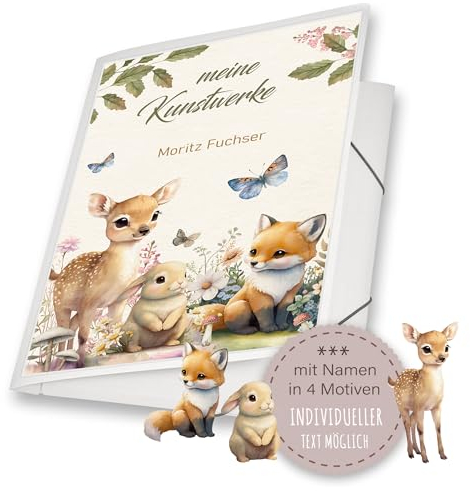 Zeichenmappe A4 oder A3 Kindergarten Mappe personalisiert mit Namen Sweet Babies Reh Fuchs Hase - Meine Kunstwerke Erinnerungsmappe Sammelmappe Mädchen Junge