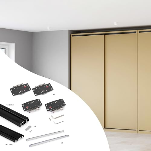 Emuca - Kit de herrajes para armario 2 puertas correderas y cierre suave Flow2 con carriles de superficie 2.35m, tableros no incluidos, Pintado negro