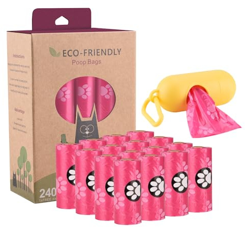 JBBFCAN Bolsas para excrementos de perro, 240 bolsas grandes rosas con dispensador, superfuertes, 100% a prueba de fugas, rollos de caca de perros con almidón de maíz compostables