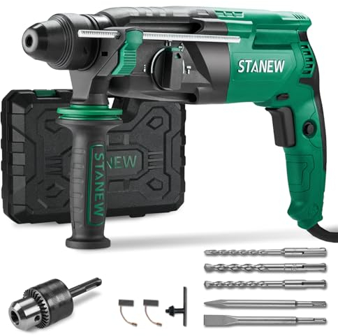 STANEW Taladro Percutor con cable SDS Plus 950W, Martillo perforador con 0-1150RPM/5100BPM con 4 funciones y embrague de seguridad, mango giratorio de 360°, velocidad variable, hormigón, acero, madera