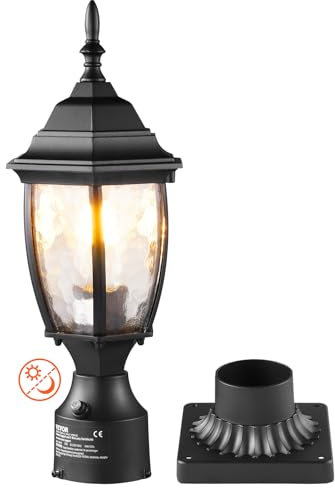 VEVOR Lampione da Esterno, Apparecchio Impermeabile da 400 mm con Base per Montaggio su Pilastro da 9 cm, Paralume in Vetro, Illuminazione a Prova di Fulmine per Giardino Cortile Terrazza Balcone