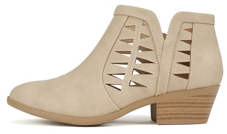 Soda CHANCE Womens Perforated Cut Out Stacked Block Heel Ankle Booties (Beige Nubuck, us_footwear_size_system, adult, women, numeric, wide, numeric_9_point_5)
