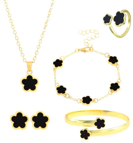 Gkaopi Ensemble de Bijoux Trèfle à Quatre Feuilles 5PCS Plaqué or 18 Carats Boucles d'Oreilles Collier Bracelet Bague Set Trèfle Bijoux pour Femme Vacances Cadeau d'Anniversaire
